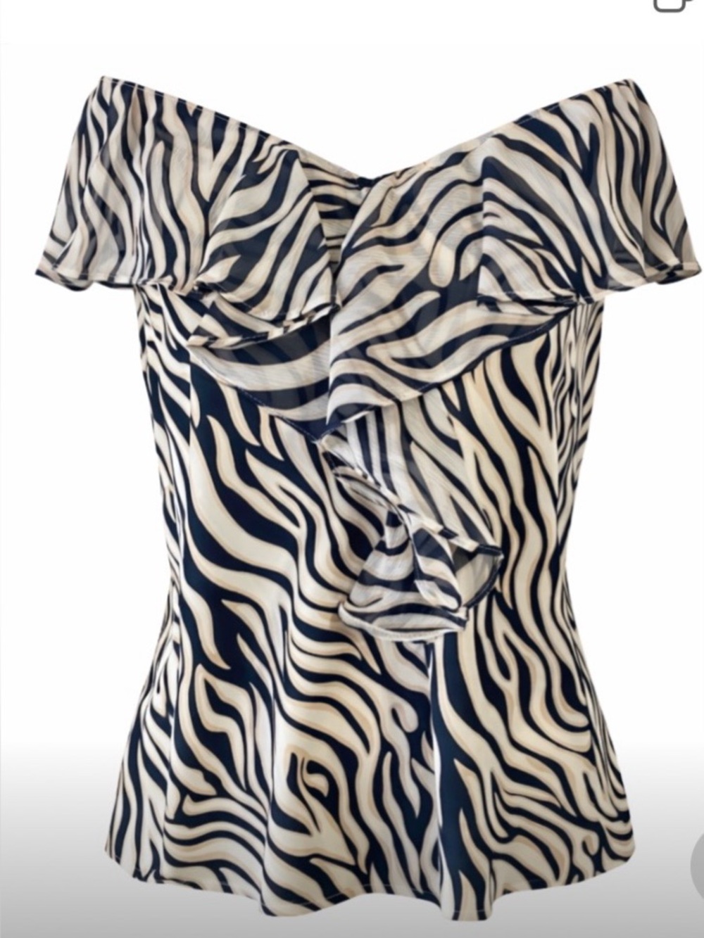 Preston & York NWT "Emily" Blouse Sz 14 Navy White Zebra Print Ruffle